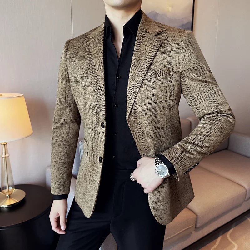 High Quality Meteor Grid Suit Jackets Men British Style Slim Fit Business Casual Fashion Blazers Formal Men Wedding Party Tuxeds
