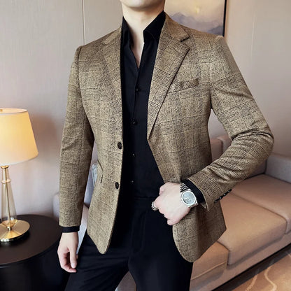 High Quality Meteor Grid Suit Jackets Men British Style Slim Fit Business Casual Fashion Blazers Formal Men Wedding Party Tuxeds