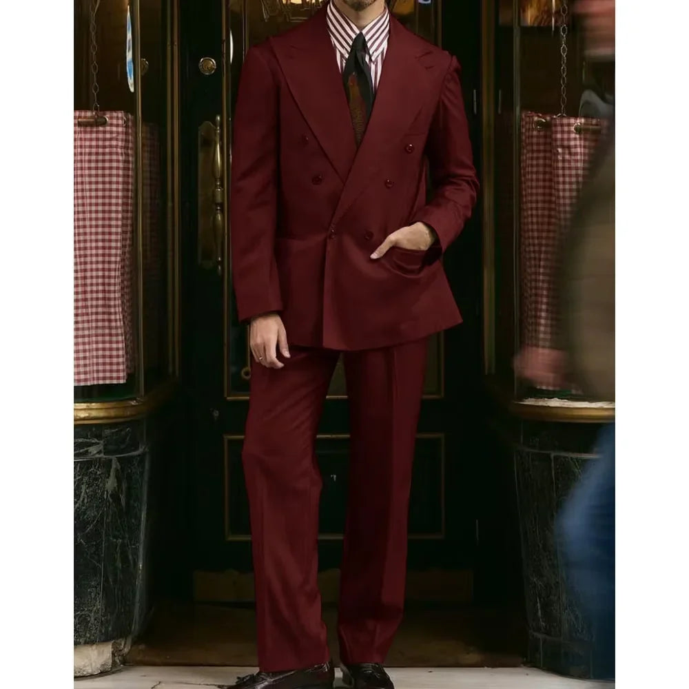 Men's Khaki Suit 2 Piece Set Double Breasted Peak Lapel Blazer Straight Leg Pants Fashion Formal Outfit Business Casual Wedding