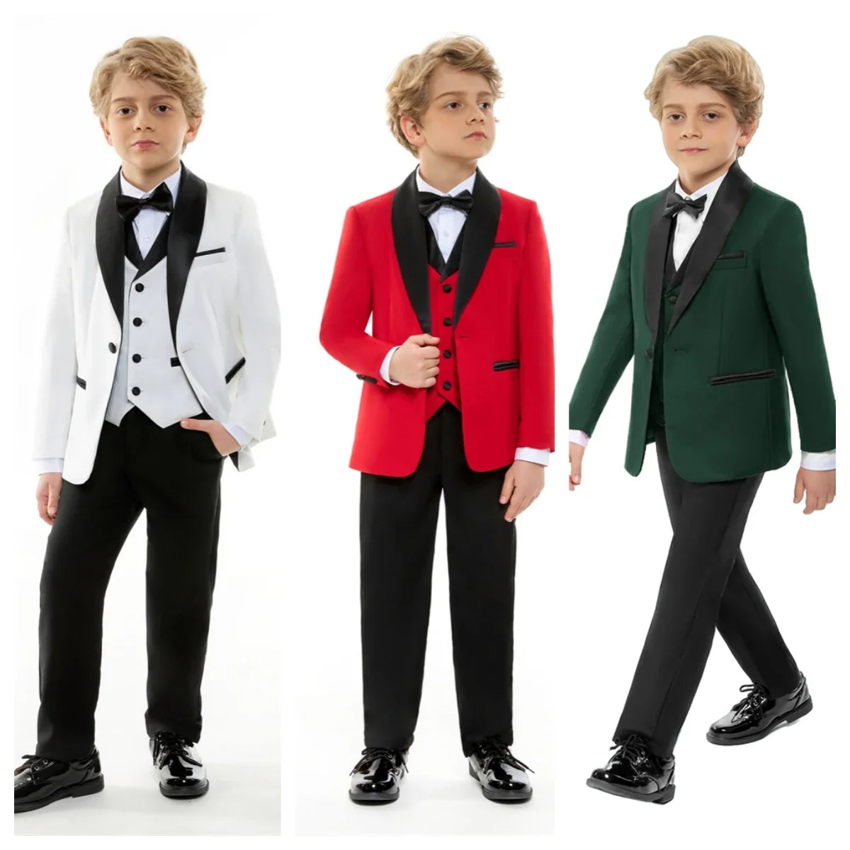 24H Ship White Formal Kids Suit Set, 4 Pieces Suits For Boys From 3-14 Years, Wedding Tuxedo For Kids Ring Bear