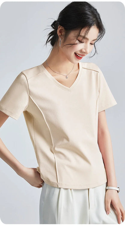 Summer Women's White Mercerized Cotton T-Shirt | 3D Stitching Round Neck Basic Top | Plus Size Slim Fit Layered Casual Blouse