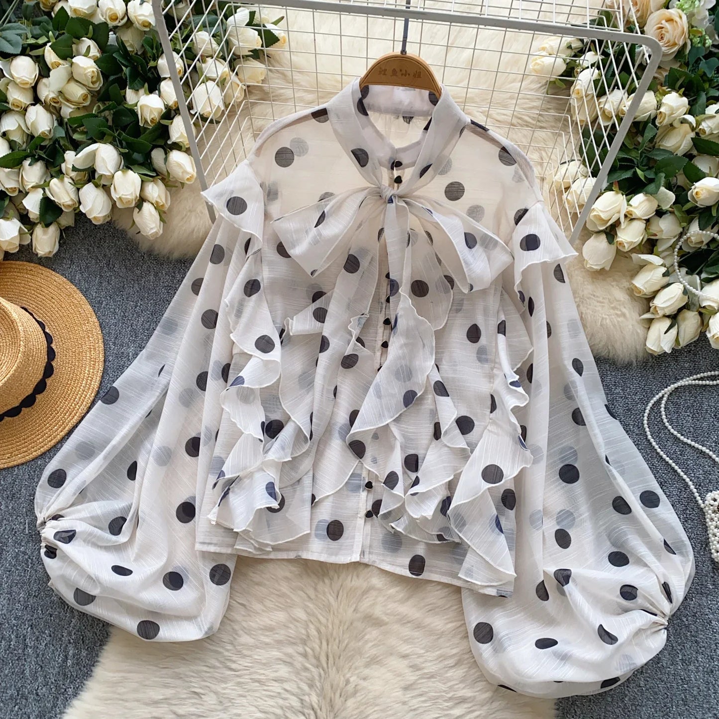 Spring Chiffon Polka Dot Blouse Women Bow Collar Long Lantren Sleeve Fashion Casual Streetwear Basics Loose Thin Tops