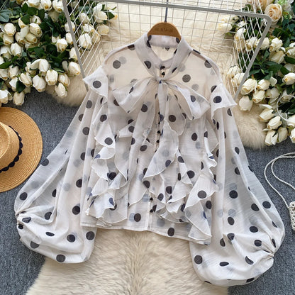 Spring Chiffon Polka Dot Blouse Women Bow Collar Long Lantren Sleeve Fashion Casual Streetwear Basics Loose Thin Tops