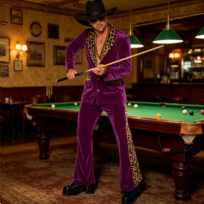 Luxury Men's Velvet Suit Notch Lapel Jacket Leopard Print Patchwork Trim Wide Leg Flare Trousers Tuxedo Cosplay Prom Event