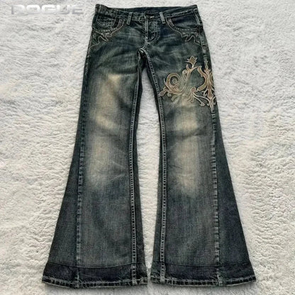 Summer Streetwear Embroidered Flare Jeans Men Y2K Retro Gothic Punk Casual Harajuku Distressed Vintage Black Denim Pants Unisex