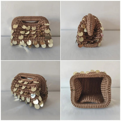 Yingzi Small Sequin Crochet Cluth Bag with Shine Paillettes Handmade Evening Bag Makeup Bag