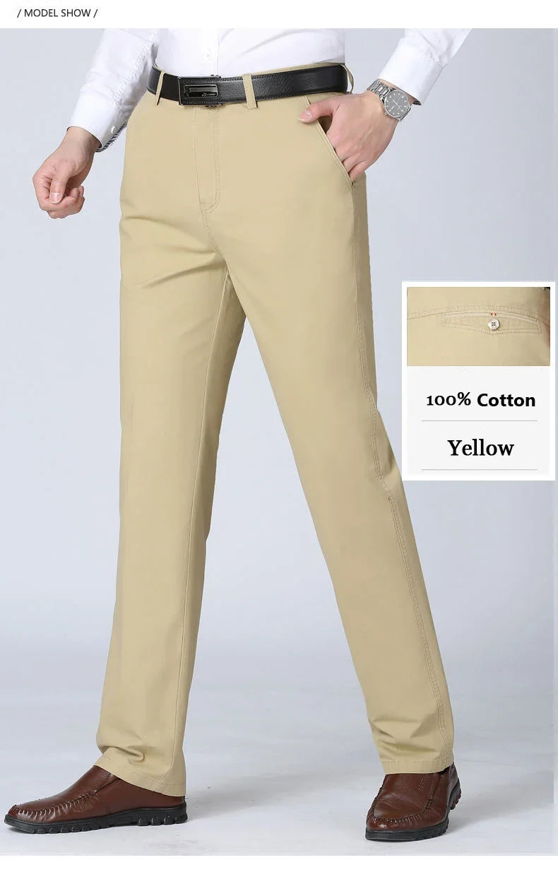 Men's Spring Autumn 100% Cotton Middle-aged Business Trousers Straight Slacks High Waist Dad's Thin Thick Casual Male Suit Pants