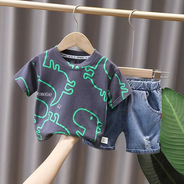 Boys Clothes Summer Fashion Crew Neck Children Tracksuit Dinosaur T-shirt Denim Shorts Suit Kids Outfit Baby Boys Set 1-5 Years