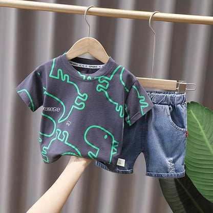 Boys Clothes Summer Fashion Crew Neck Children Tracksuit Dinosaur T-shirt Denim Shorts Suit Kids Outfit Baby Boys Set 1-5 Years