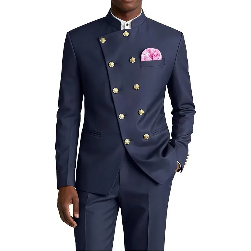 Men's Chinese Style Suit 2 Piece Brown Mandarin Collar Double Breasted With Gold Buttons Formal Jacket Pants For Business Weddin