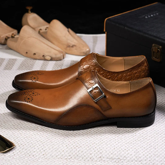 Luxury Men's Genuine Leather Monk Strap Shoes Cowhide Business Office Formal Dress Shoes with Buckle Italian Style for Weddings