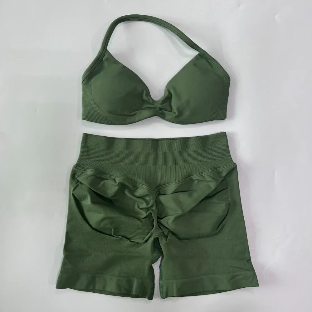 NO LOGO 2PCS Gym Set Women Strappy Yoga Bra Top High Waist Workout Scrunch Shorts Sports Suit Seamless Yoga Set Fitness Clothes