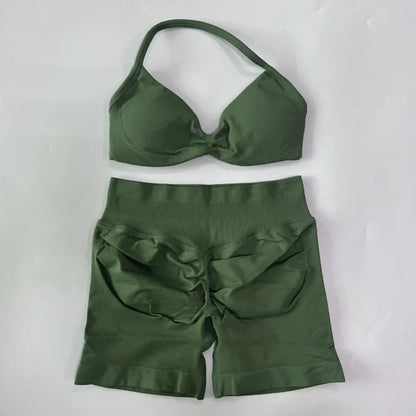 NO LOGO 2PCS Gym Set Women Strappy Yoga Bra Top High Waist Workout Scrunch Shorts Sports Suit Seamless Yoga Set Fitness Clothes