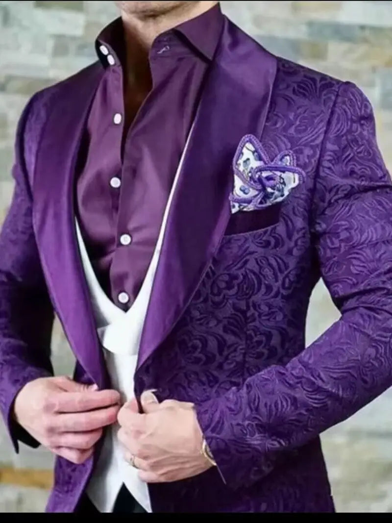Fashion Jacquard 3-Piece Men's Tuxedo Suit with Shawl Lapel Slim Fit Blazer Vest Pants for Business Wedding Prom Party
