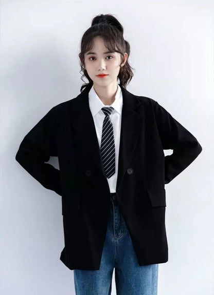 Petite Women's Spring Autumn Black Rolled Cuffs Blazer New Arrival Loose Vintage Casual Plaid Korean Style Chic Suit Jacket