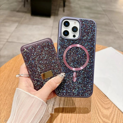 Luxury Glitter Flash Diamond Case With Magnetic Card Bag For iPhone 17 Air 16 15 14 Plus 13 12 Pro Max Anti-drop Protector Shell
