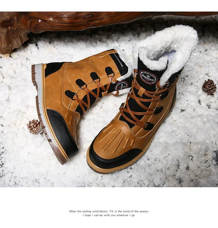Fashion Men's Winter Boots Warm Fur High-top Snow Boots Men Waterproof Leather Platform Boots Outdoor Non-slip Men Winter Shoes