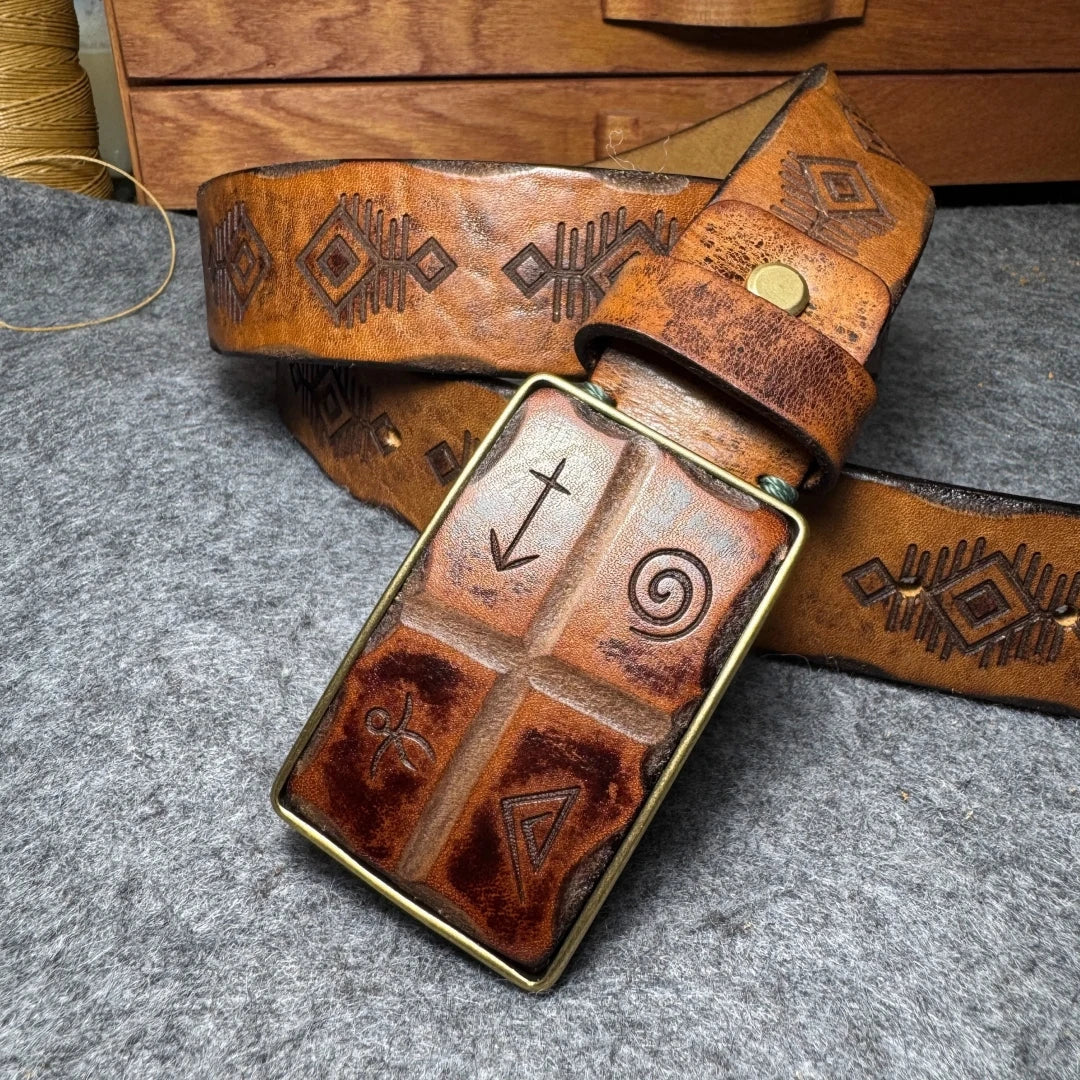 Genuine Leather Tough Guy Men's Belt Luxury Designer Strap Thick Cowhide Pure Copper Buckle Lucky Totem Classic Retro Jeans Soft
