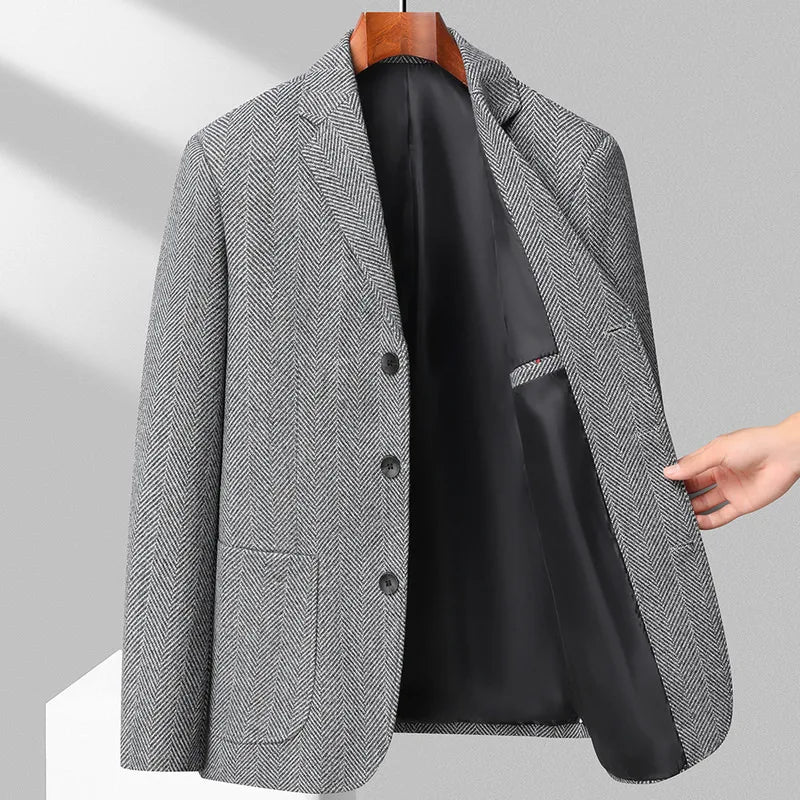 Men's Wool Blazer Herringbone Pattern Casual Business Suit Jacket Comfortable and Stylish Coat