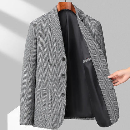 Men's Wool Blazer Herringbone Pattern Casual Business Suit Jacket Comfortable and Stylish Coat