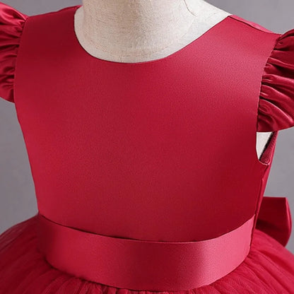 Fashion Red Pink Children's Bow Princess Dress‌ Big Bow Backless Girls Puffy Dress Tulle Flower Girl Dress Wedding Gown