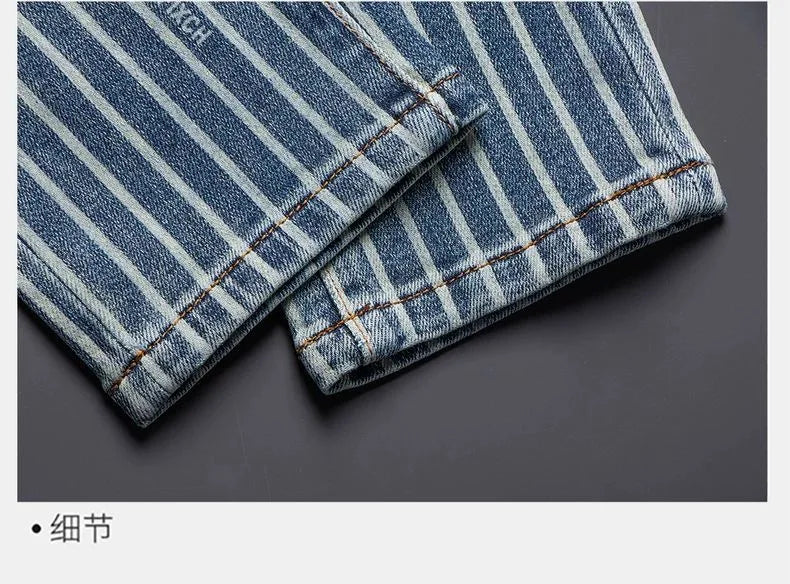 Autumn and Spring Fashion American Vintage Straight-leg Striped Jeans Men's Casual Comfortable Sports High-quality Denim Pants