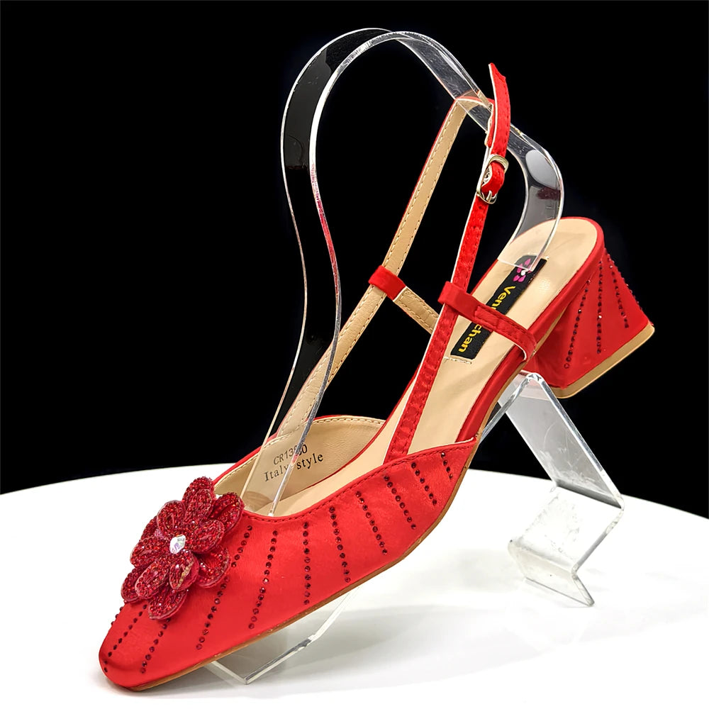 Party Shoes and Bag Ladies Heel Decoration Pure Elegant Flower Wedding Shoes and Bag Full Rhinestone Fashion Handbag