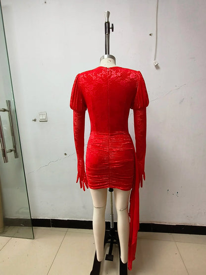 2024 New Fashion Red White Women Gloves Sexy Bodycon Mini Draped Dress Nightclub Party Bar Singer Birthday Celebrate Dress