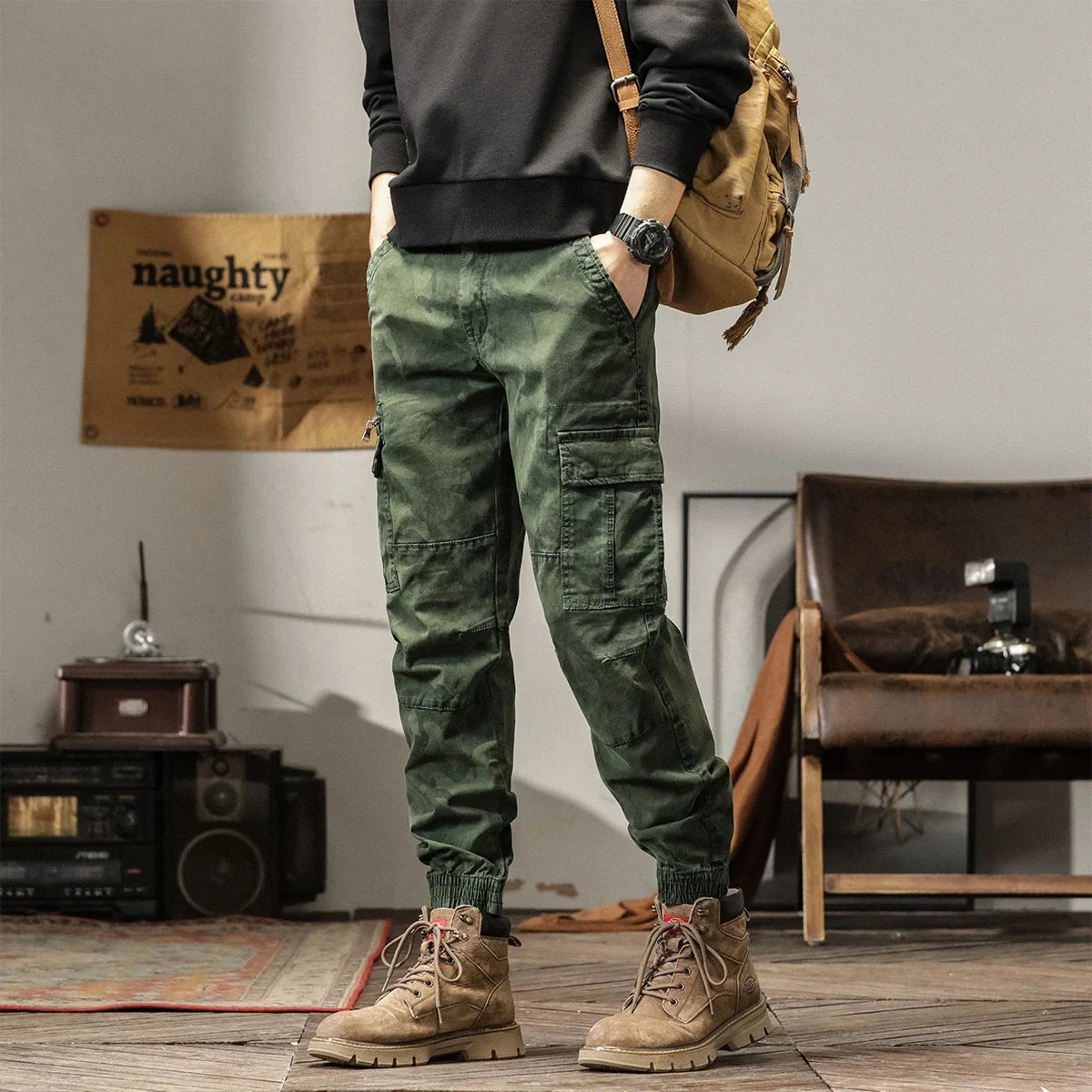 Length Men's Cargo Pant Cotton Stretch Casual Camouflage Trouser Male Camo Cuff Jogger Multi Zip Pocket Outfit Zipper Tied