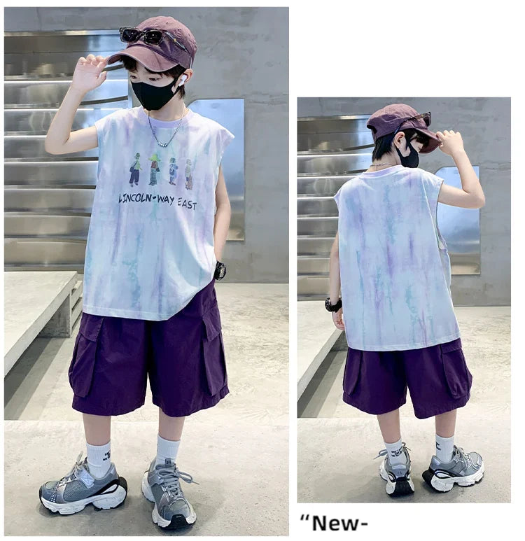 New Summer Kids Clothing Set Sleeveless T-shirt Suit with Shorts for Boy Luxurious Cotton Tracksuit 5 6 7 8 9 10 11 12 13 14 T