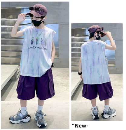 New Summer Kids Clothing Set Sleeveless T-shirt Suit with Shorts for Boy Luxurious Cotton Tracksuit 5 6 7 8 9 10 11 12 13 14 T