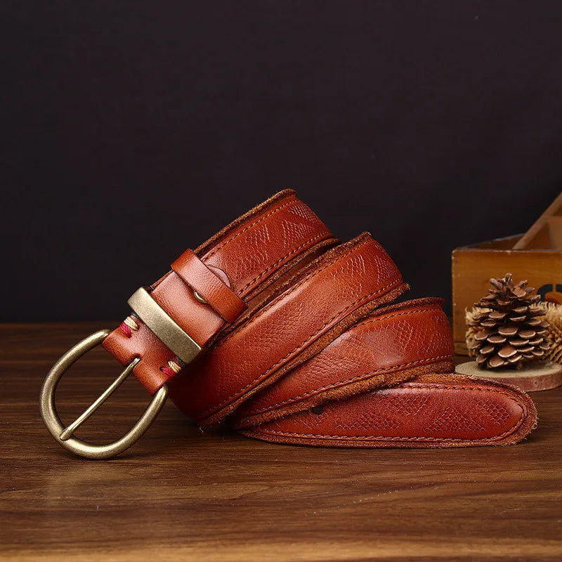 3.5CM High Quality Belt Men's Genuine Leather Top Layer Pure Cowhide Brass Buckle Jeans Vintage Strap Male Jeans for Man Luxury