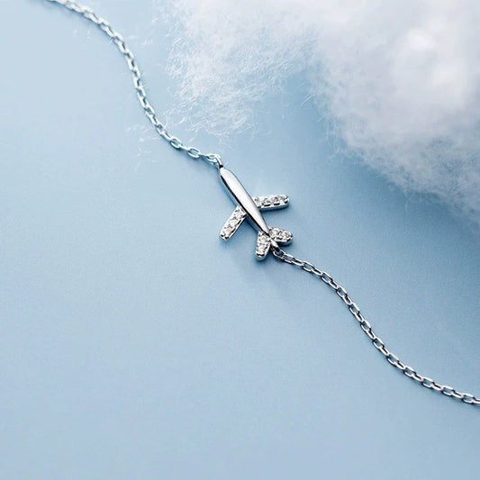 Mode 925 Argent Sterling Lumineux CZ Mignon Mini Avion Bracelet pour Femmes Chaîne à Maillons Style Coréen Bijoux Fins