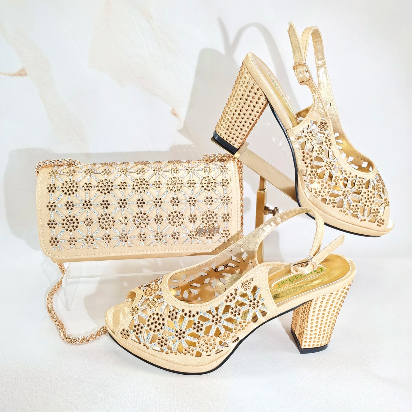2025 New Rhinestone Design African-Inspired Shoe and Bag Set Olive Toe-Exposing Comfortable Women's High Heels Trending on INS
