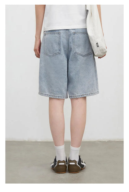 Fashion Women Shorts Mid-length Blue New Dividing Line Design Retro Washed Cotton Straight Leg Short Jeans Summer 2026