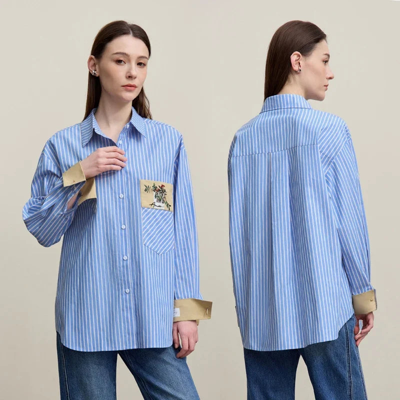 Women's Shirt 2026 Autumn New Floral Embroidered Lapel Collar Contrast Stripe Blouse Cotton Casual Top For Women 12641012