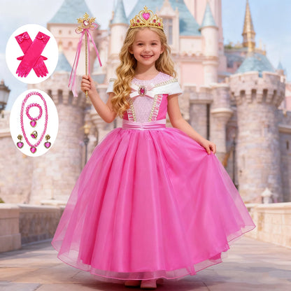 Girl Pink Dress Aurora Kids Cosplay Costume Princess Deluxe Outfit Children Birthday Party Elegant Ball Gown Fairy Disguise Sets