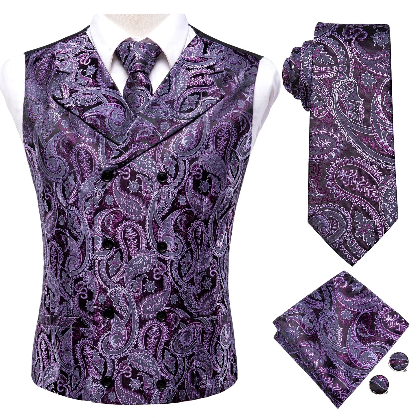 Silk Men's Vests and Tie Business Formal Dresses Slim Vest 4PC Necktie Hanky cufflinks for Suit Blue Paisley Floral Waistcoat