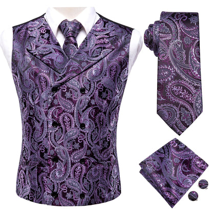 Silk Men's Vests and Tie Business Formal Dresses Slim Vest 4PC Necktie Hanky cufflinks for Suit Blue Paisley Floral Waistcoat