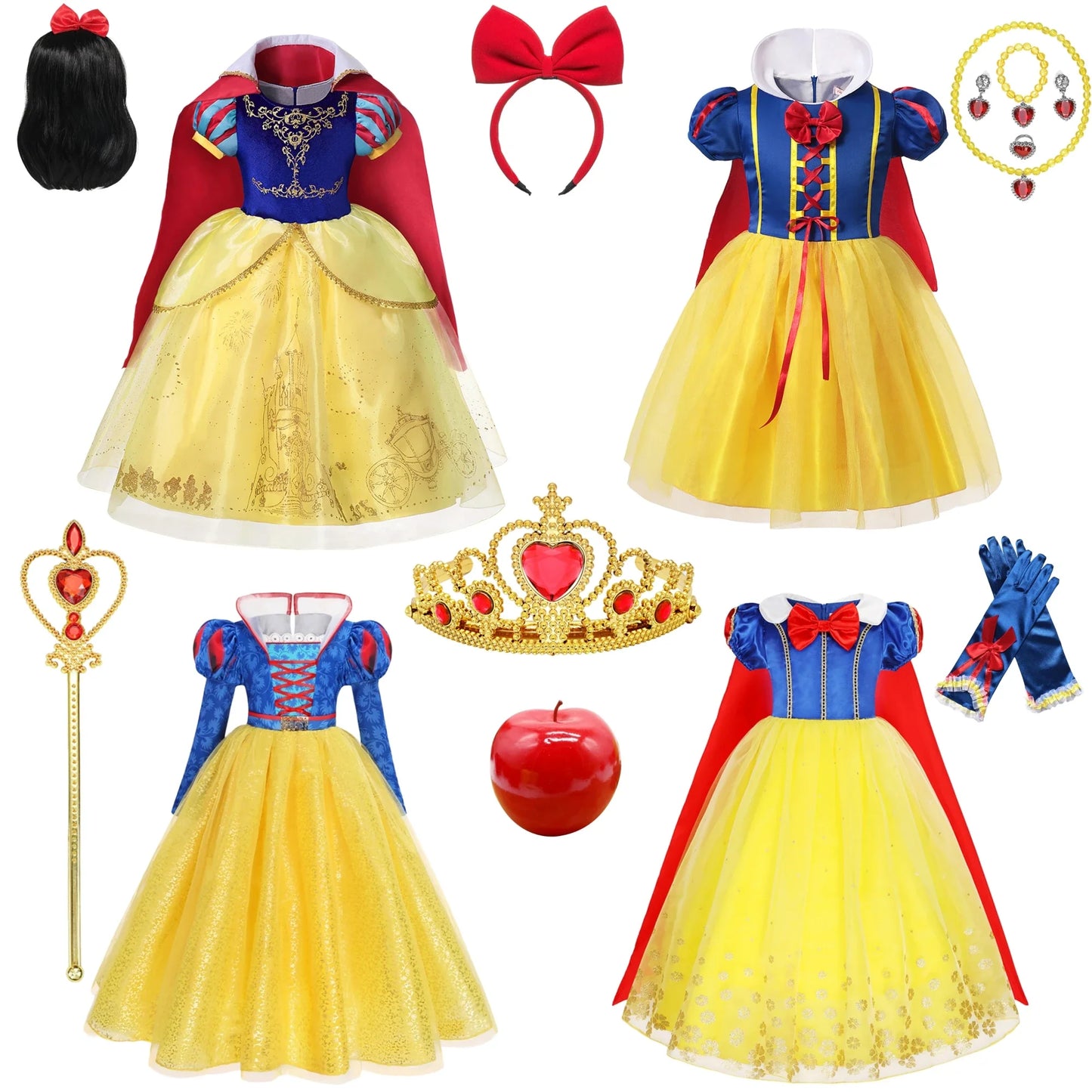 Deluxe Snow White Gown Set with Accessories Princess Costume Fairy Cosplay for Girls Kids Toddler Carnival Party Vestido