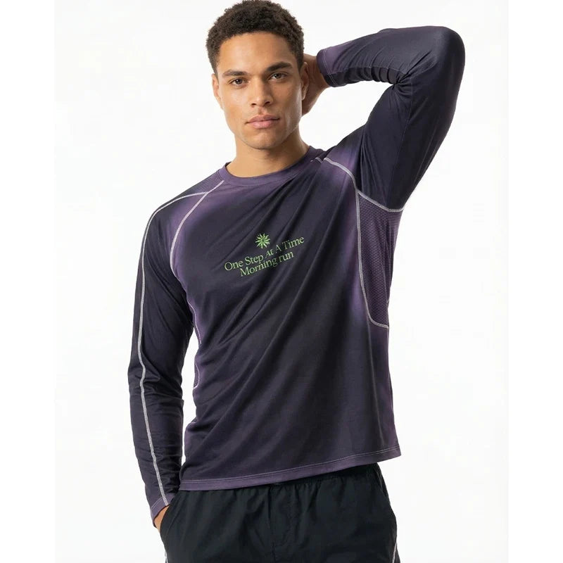 Men's Outdoor Running Long Sleeve T-Shirt Gradient Color Digital Print Quick Dry Breathable Sports Top Unisex