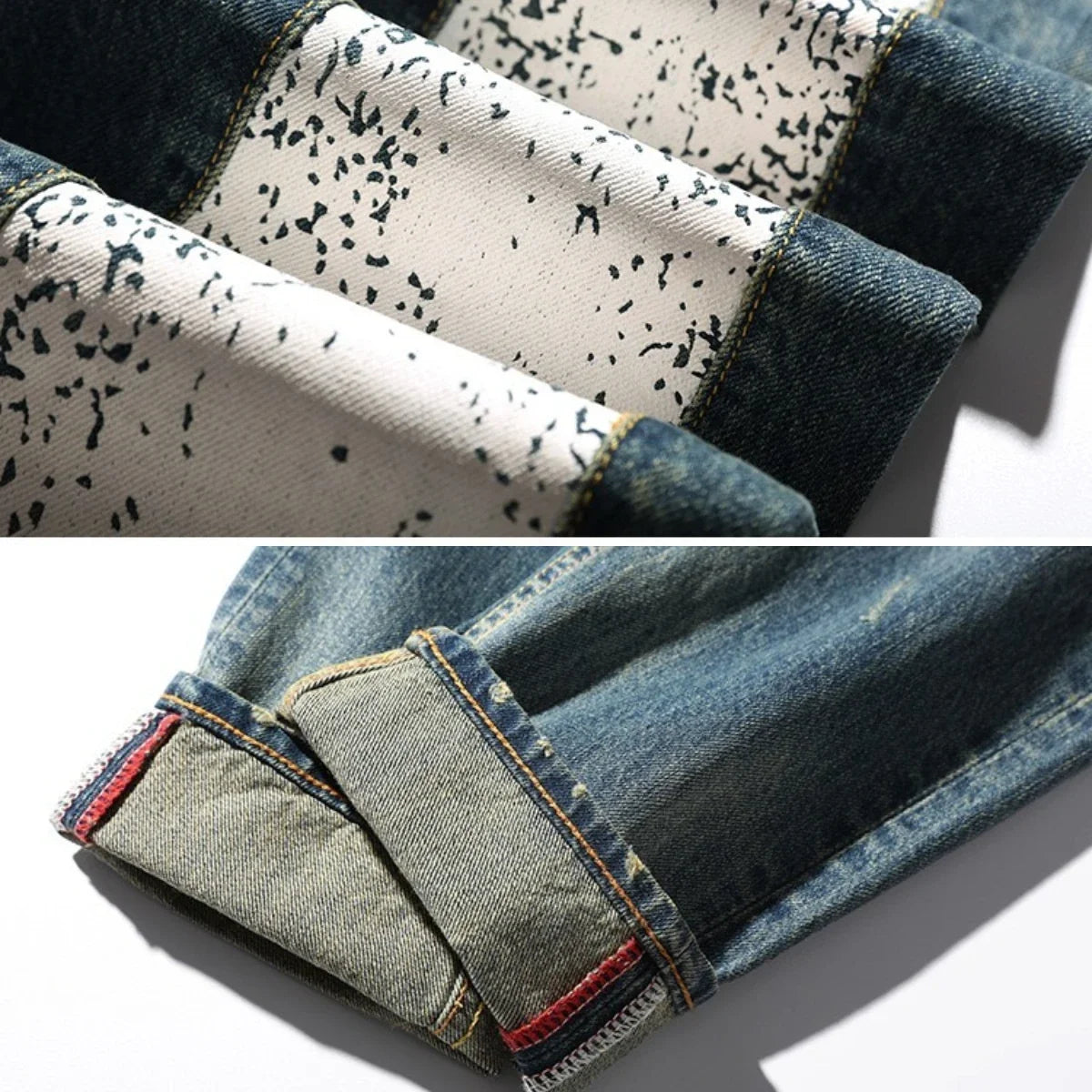 Men's Japanese Handmade Embroidered Jeans Pure Cotton Straight Tube Hip-Hop Popular Slim Red Ears Show Thin Trousers Blue MDevil