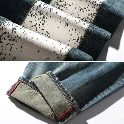 Men's Japanese Handmade Embroidered Jeans Pure Cotton Straight Tube Hip-Hop Popular Slim Red Ears Show Thin Trousers Blue MDevil