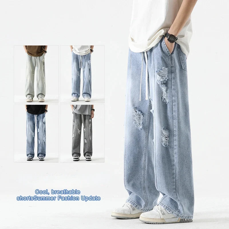 Men's Summer Ripped Jeans Loose Straight Leg Retro Men Draw Rope Port Fashion Brand All-match Casual Pants
