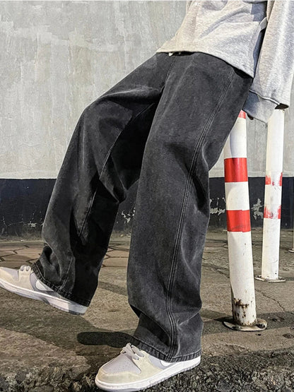 2026  Men's Jeans Korean Version Student Casual Pants High Street Straight Loose Wide Leg Jeans Black Grey  Blue Baggy Jeans