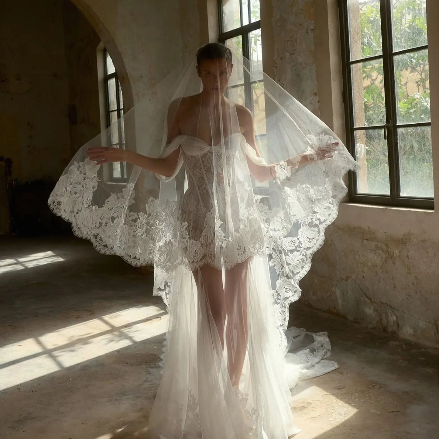 Strapless Tulle Lace Wedding Dress Off Shoulder Mermaid See Through Bridal Gown For Elopement Civil Beach Wedding Custmized