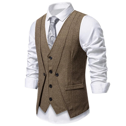 Men Vest Brown Herringbone Single Button V Neck Waistcoat For Wedding Banquet Office Business Work Casual Daily Men Suit Vest