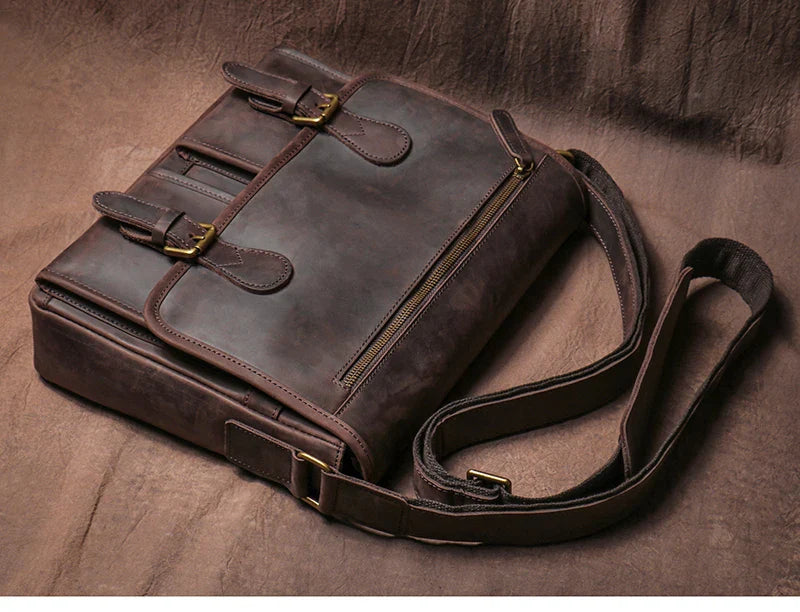 Vintage Crazy Horse Leather Messenger Bag Men's Genuine Luxury Sling Shoulder Bag Office Briefcase Crossbody 12.9 Inch Ipad