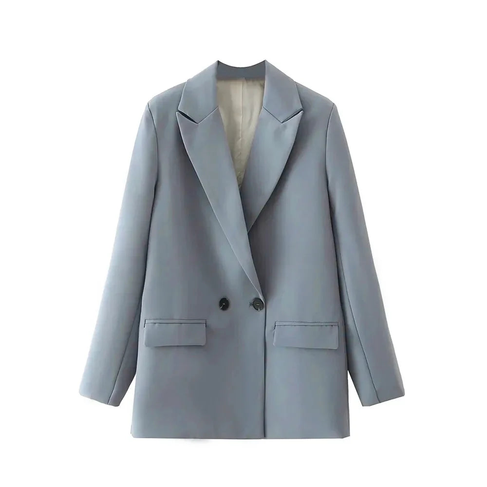 Women Chic Office Lady Double Breasted Blazer Vintage Coat Fashion Notched Collar Long Sleeve Ladies Outerwear Stylish Tops