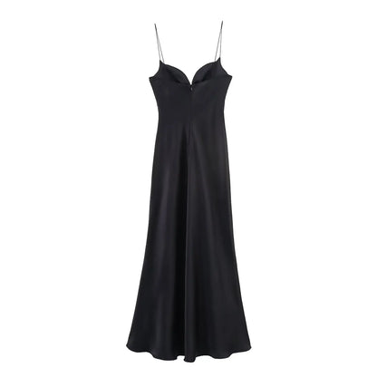 2025 Women Red V-Neck Holiday Style Satin Texture Long Dress Sleeveless Summer Women's Back Zipper Fashion Sling Dresses